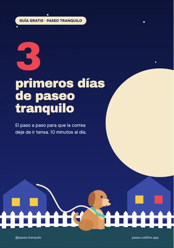 Portada de la guía: un 3 rojo gigante, “primeros días de paseo tranquilo”, la luna y un perro sentado con la correa floja